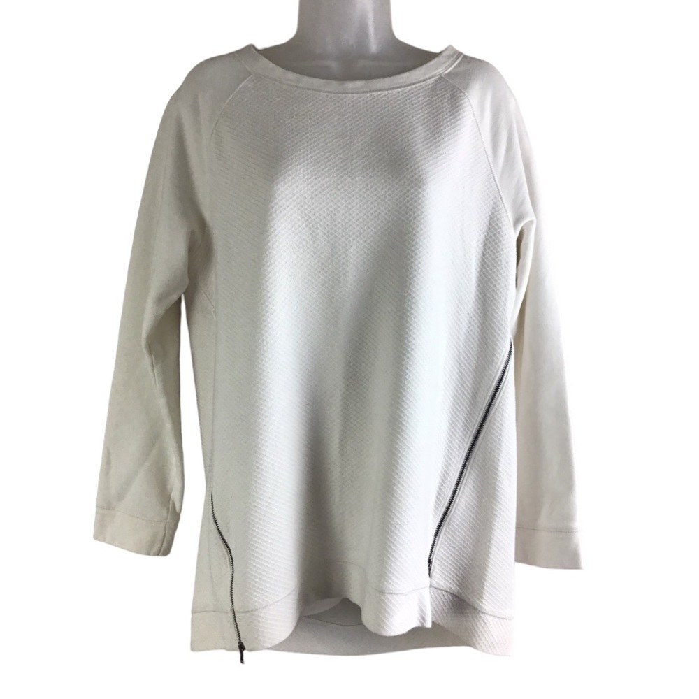 LOU & Gray Women’s Large White Waffle Knit Sweatshirt Side Black Zippers Hi/Lo